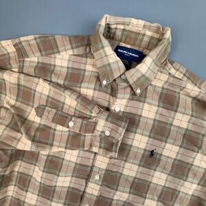 Ralph Lauren Golf Tilden Plaid Button Down Shirt Men M Tan Cotton Preppy